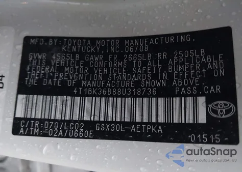 2008 Toyota Avalon Limited from USA, damaged, VIN 4T1BK36B88U318736